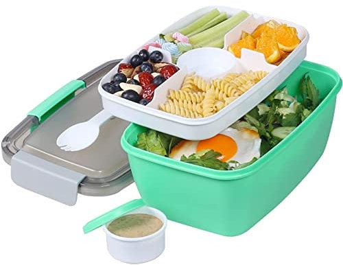 Greentainer Salatbehälter aus PP, Go To Lunchbox mit 5 Fächer,Bento Box mit Fruchtbehälter für Kinder Erwachsene, 2L Auslaufsicher Salatschüssel,Spülmaschinen- und Mikrowellenfest (Grün)