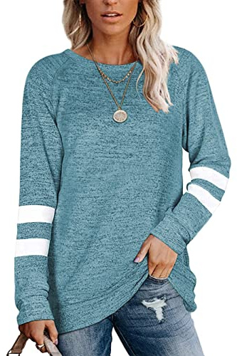 Famulily Jumpers for Women Soft Sweater Ladies Crewneck Tops White Striped Sweatshirt Lake Blue XXL