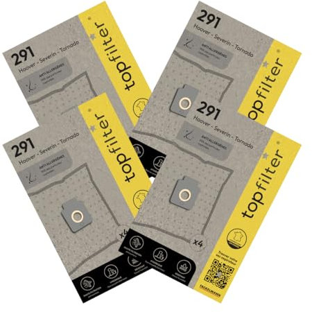 TopFilter 9995650 Lot de 4 packs de 4 sacs aspirateur 64291 Hoover, sac aspirateur, poche aspirateur, accessoire aspirateur, Non tissé polypropylène, Carton, Caoutchouc, 30 x 26 cm
