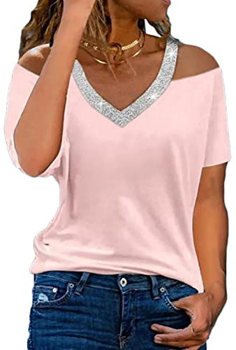 Onsoyours Tunique Femmes Casual T-Shirt À Manches Courtes Décontracté Ample Chemise Épaules Dénudées Élégant Imprimé Tops Lâche Chemisier Hauts en Dentelle Y Rose L