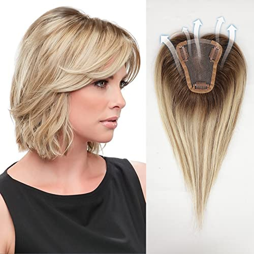 HAIRCUBE Honig Braun Haar Toppers für Frauen Remy Menschliches Haarstücke für Frauen mit dünnem Haarausfall Abdeckung Graues Haar, 3.5in*4in Hand gebundene mit Schweizer Spitze Basis 12in