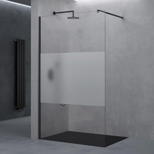 doporro Luxus Duschwand für Dusche Duschabtrennung 150x200cm Schwarz Walk-In Dusche 8mm ESG-Sicherheitsglas Milchglas-Streifen inkl. Nanobeschichtung Bremen01MS