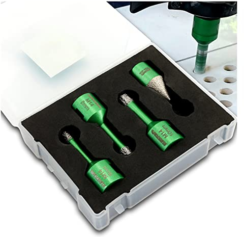 KURSTOL Tile Hole Saw Kit - 3pcs Diamond Core Drill Bits 6/8/10mm+1pc 20mm Diamond Beveling Chamfer Bit M14 thread for Porcelain Ceramic Tile Granite Marble Angle Grinder