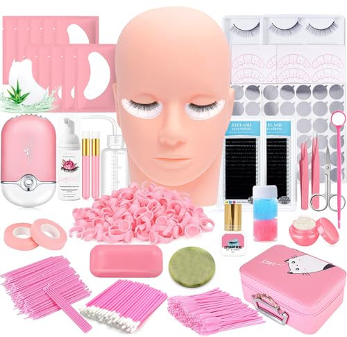 Lash Extension Kit Professional Eyelash Grafting Training Tools Mannequin Head USB Fan Lash Shampoo 0.07D Curl Mix 8-15mm Glue Practice Eyelash Strips Lash Mapping,Exercise Set for Beginner
