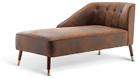 Luxury Modern Brown Tufted Faux Leather Left Hand Indoor Chaise Lounge Chair for Bedroom Living Room Conservatory Window Seat with Arm & Wooden Feet – Small Upholstered Lounger/Bed End Bench