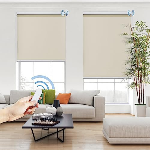 Grandekor Elektrische Rollos mit Trockenbatterie,Elektrisches Verdunklungsrollo mit Motor & Fernbedingung, Creme B65 x H110 cm(Stoffbreite 61 cm) Rollo ohne Bohren Fensterrollo Innen Smart Rollo