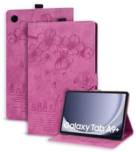 Succtopy Custodia Galaxy Tab A9+/A9 Plus 11 2023 Cover in Pelle PU Flip Portafoglio con Porta Penna Custodia Protettiva con Slot Card Galaxy Tab A9+ SM-X210/X215/X216 Rosso Rosa