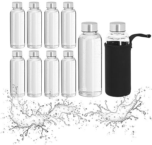 Relaxdays Trinkflasche Glas 10er Set, 360ml, auslaufsicher, spülmaschinenfest, Hülle, Wasserflasche, transparent/schwarz