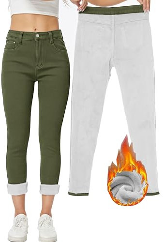 Yehopere Jeans da donna invernali foderati in pile slim fit caldo skinny vita alta denim jeans, Verde militare 02, L