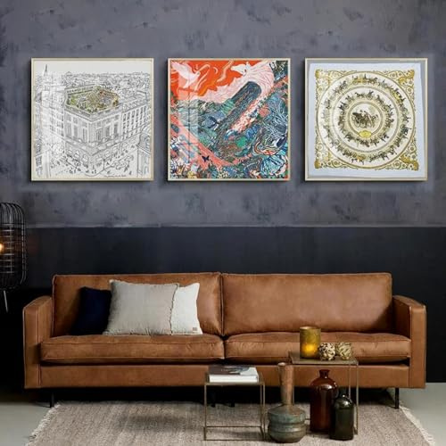 dsdsgog Foulard en soie de luxe, peinture modèle escalier couloir salon porche, affiches décoratives sur toile, impressions artistiques, images murales 20x20 cm x 3 sans cadre