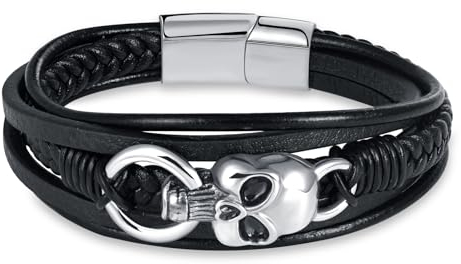 INFINIONLY Herren Mehrschichtiges Geflochtenes Leder Armband Fashion Edelstahl Totenkopf Armbänder für Jungen mit Edelstahl Schnalle
