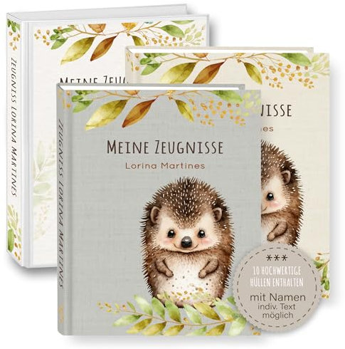 Zeugnismappe personalisiert Piccolo Riccio A4 beige grau Zeugnisbuch Igel Urkundenmappe Einschulung Schulanfang