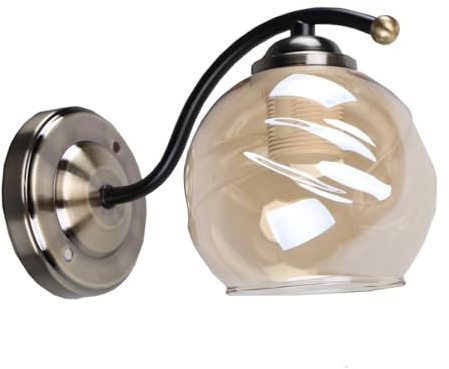 TEKLED Amber Glass Black and Antique Brass Wall Light E27 Fitting and Pull Down Switch