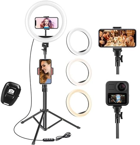 Lichtring mit Stativ, 25,4 cm (10 Zoll), mit Fernbedienung, 3 Modi, 10 einstellbare Helligkeiten, für TikTok, Make-up, Selfie, Streaming, YouTube, Twich Live