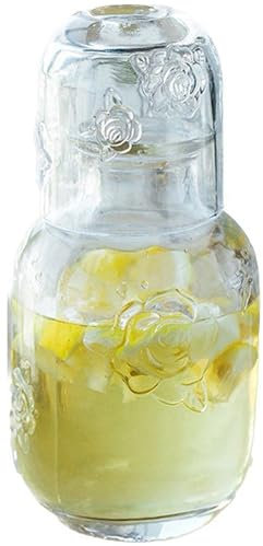 KKgud Vintage Bedside Carafe and Tumbler Set, Glass Tea Set for One- Embossed Rose Design (Transparent)