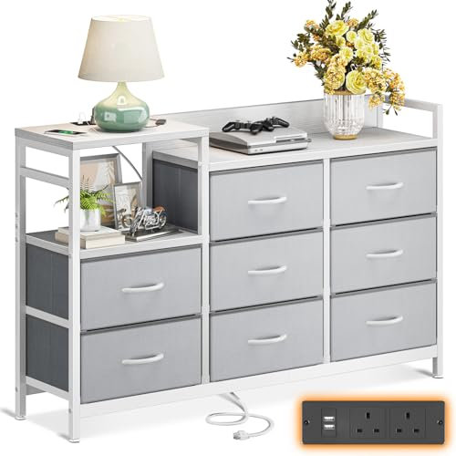 ODK Chest of Drawers Bedroom, Contains 2 USB & 2 AC Ports Sockets, Storage Dresser with 8 Fabric Drawers Suitable for Bedrooms, Living Rooms, Light Grey
