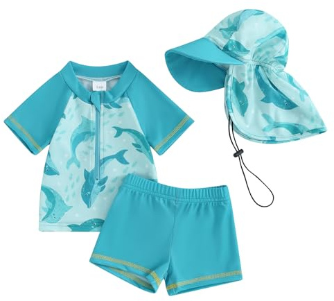 Nouveau-né Bébé Garçon Maillot de Bain 2 Pièces Anti-UV T-Shirt Manches Longues + Short de Bain + Chapeau de Soleil Costume de Natation (Bleu Ciel Dauphin, 4-5 Years)