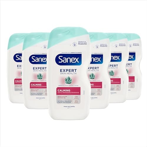 Sanex Expert Skin Health Agave Calming Shower Gel 6x450ml, Shower Gel for Sensitive Skin, Natural Prebiotic from Organic Agave, Moisturises and Soothes, 12hr Hydration, Supports Natural Skin Balance