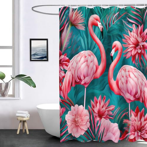 FABTOP Flamingo Duschvorhang 180x180, Pink Textil 180x200 Mit Tropischen Blättern, Rosa Duschvorhänge (120 x 200 cm)