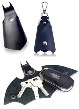 WOO LANDO Lot de 2 porte-clés avec étui à clés en cuir synthétique pour homme et femme en forme de super-héros avec motif chauve-souris pour différentes clés de voiture ou de moto, Noir/bleu, S