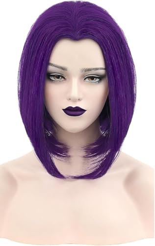 PORSMEER Damen Rabe Superheld Lila Kurzer Bob Gerade Perücke Synthetisches Haar Cosplay Perücke für Halloween Kostüm Party Anime Perücke
