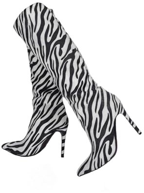 Stivali da Donna con Gamba Larga. Stivali Alti Fino al Ginocchio con Stampa Zebra. Stivali da infilare a metà Polpaccio per Autunno Inverno. Scarpe con Tacchi a Spillo Taglie Forti,Zebra Print,43 EU
