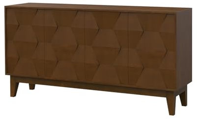 HULALA HOME Sideboard mit 4 Türen 2 Einlegeböden Wohnzimmer Sideboard Buffetschrank Küche mit Massivholz Beine für Schlafzimmer, Flur geometrisches sechseckiges Design Highboard, Walnuss