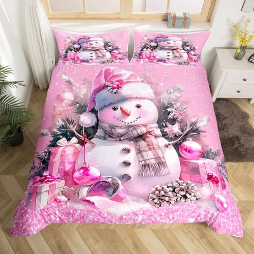 Homewish Nette Rosa Schneemann 155x220 | Bettbezug Ornamente Bettwäsche Set Weihnachtsraum Dekor Kinder Mädchen Winter Thema Schnee Bett Set Weihnachtsbaum Bettbezug
