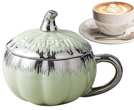 Taza De Café De Calabaza – Taza De Cerámica De Halloween, Taza De Café Con Tema De Halloween | Taza De Café En Forma De Calabaza Con Tapa Y Cuchara, Decoración Festiva De Otoño