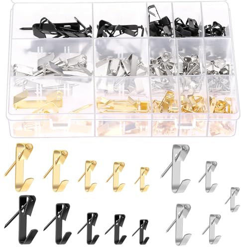 Swpeet 120 unidades de 5 tamaños 10lb/20lb/30lb/50lb/100lb colgador de cuadros con kit de surtido de clavos, ganchos colgantes de metal, marco de alto rendimiento, ganchos para cuadros para pared de