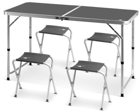 STAHLWERK Campingtisch mit 4 Hockern | Höhenverstellbarer Aluminium-Klapptisch 120 x 60 x 55-70 cm Gartentisch | Campingmöbel | Falttisch | klappbare Tischgarnitur im Set mit 4 Campingstühlen