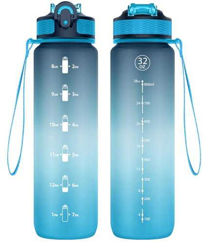 Navtue Borraccia da 1 l con cannuccia, senza BPA, marcatura del tempo, a prova di perdite, per fitness, ciclismo, ufficio, corsa, palestra, yoga (1 l di blu profondo)