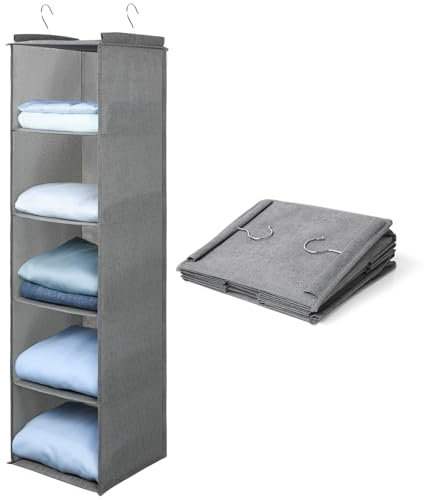 AiQInu Hängeregal Kleiderschrank,Hängeaufbewahrung Schrank Organizer mit 5 Fächern,Faltbar Platzsparend Hängeorganizer Aufbewahrungssystem mit Metallhaken und Bambus-Stock Verstärkt