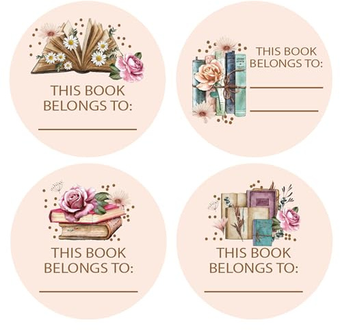 Lot de 200 étiquettes autocollantes vintage rose « This Book Belongs to » de 5,1 cm avec motifs de livre rétro pour bibliothèques personnelles et salle de classe - 4 motifs