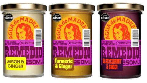 Agua de Madre Remedio Mixed Flavours Fermented Tea Infusion, 3 x 250ml | Made with live water kefir grains, drink hot or iced, source of vitamin C, caffeine free, vegan, female founded, B Corp