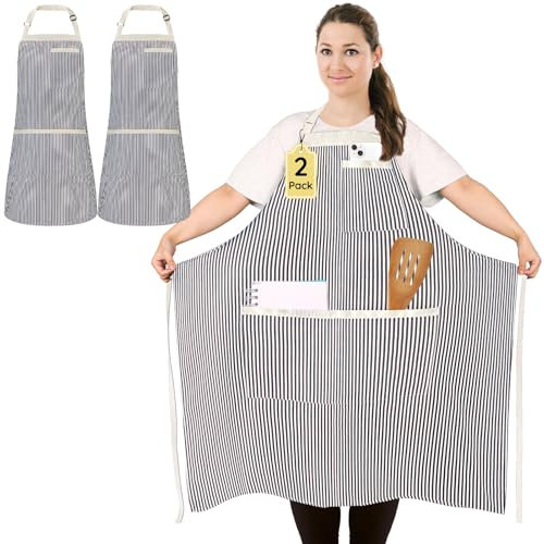 2 Piezas Grande Talla Delantales de Cocina A Rayas Unisex, Grande Tamaño Delantal de Chef Ajustable con 3 Bolsillos para Cocinar, BBQ, Trabajo, Profesional Delantal para Camarero, Pintor, Blanco