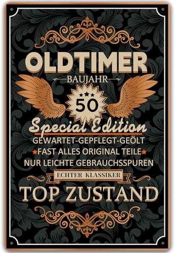 Blechschild 50 Schild Geburtstag, Oldtimer BAUJAHR 50 Topzustand, Geschenke für den 50 Geburtstag Mann, lustiges Schild 50 Geburtstag Deko als lustige Geburtstagskarte, Vintage Metallschild 20x30 cm