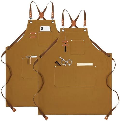 2 Stück Canvas Kochschürze für Herren und Damen, Kreuzrücken Arbeitsschürze mit verstellbarem Riemen und 3 Taschen für Männer und Frauen, Wasserdicht Schürzen für Männer Friseur, Küche, Gärtner(Braun)