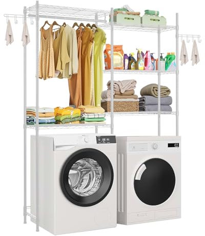 VEVOR Estante de Almacenamiento para Lavadora y Secadora, Tendedero de 5 Niveles con Barra y Ganchos, Estantes Ajustables de Dos Filas para Lavadora, Ahorra Espacio para Lavadero, Color Blanco