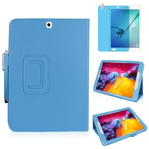 Custodia per Samsung Galaxy Tab S2 9.7 Inch 2015 (SM-T810 T813 T815 T817 T819),Sottile Pelle Multi-angli Stand Protezione totale Tablet Cover Caso Con Penna Stilo, Pellicola Per Schermo (Sky Blue)