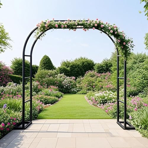 AJTXCSFOQL Rosenbogen Metall Stabil Torbogen 120 180 200 Rankgitter Rosenhilfe, Rankhilfe mit Basis für Kletterpflanzen und Rosen, Hochzeitsbogen Rankbogen Gartenbogen(Black,W180 x H250 x D40 cm)