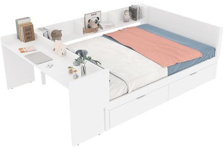 SOFTWEARY Jugendbett mit Schubladen, Lattenrost und Schreibtisch, 140x200 cm, Doppelbett mit Regal, Holzbett (weiß, 140x200 cm)