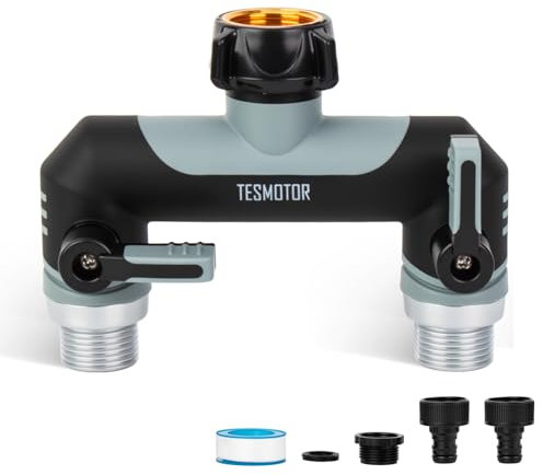 Tesmotor Distribuidor en T de 2 vías para grifos, 2 distribuidores de 3/4 Pulgadas, Adaptador con válvula de Bola para Ajustar y Cerrar el Flujo de Agua