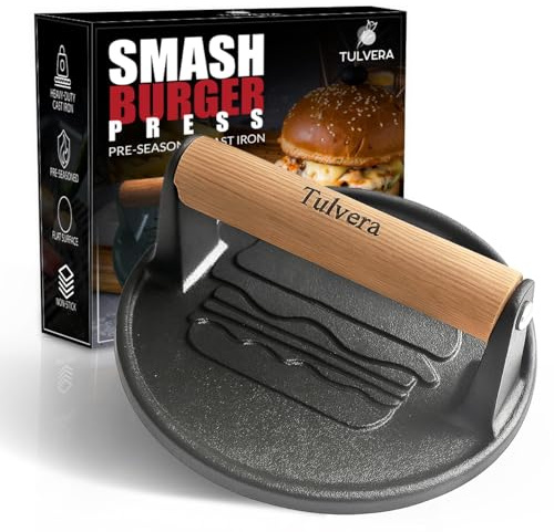 Tulvera Smash Burger Press | Cast Iron Hamburger Smasher Tool | Flat-Edge Meat Press for Hamburgers, Bacon, Outdoor Kitchen | Griddle & Grilling Accessories | Pre-Seasoned | 6.1”