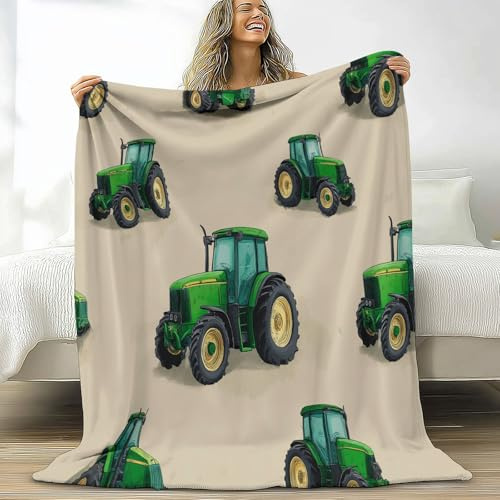 XCQHZYQ Beige Kuscheldecken 100x150 cm, Weich Flauschig Sherpa Decke Cartoon Grüner Traktor Fleecedecke Flanelldecke Wohndecke Tagesdecke für Kinder Jungen Erwachsene