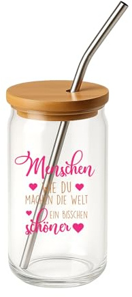 LIEBTASTISCH Glas mit Deckel & Strohhalm – Geschenkidee für Frauen & Freunde – Geburtstagsgeschenk, Jahrestag, Weihnachten – Inkl. Spruch „Menschen wie du machen die Welt schöner“ & Reinigungsbürste