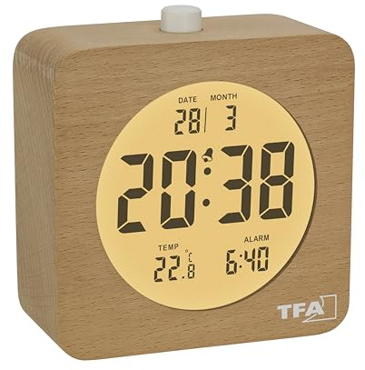TFA Dostmann Wecker Holz digital mit Innentemperaturanzeige, 60.2049, aus Buchenholz, mit Hintergrundbeleuchtung, LCD Display, batteriebetrieben, Datumsanzeige, braun
