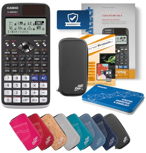 Casio FX-991 DE X Rechner mit Tasche, Folie, Fachbuch und Zirkel Set (Schwarz)