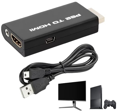 afhgdjr PS2 HDMI-Adapter, PS2 Adapter, mit 3,5 mm Audio-Ausgang, HDMI-Kabel, Konverter für HDTV, Projektor, 480i/576i/480p (YPbPr auf HDMI, Stromversorgung über USB)