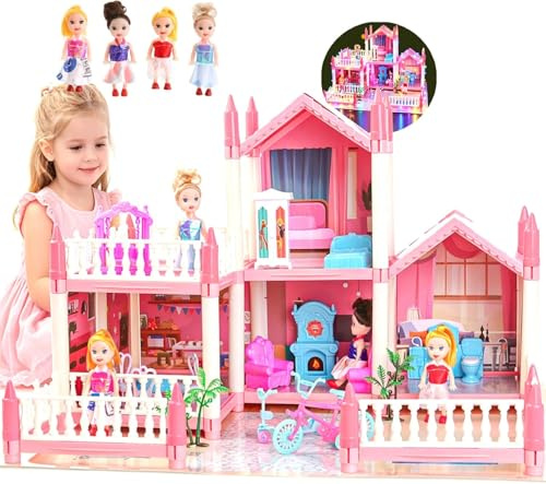 Dream Doll House for Girls with Lights, Mat, Dolls & Furniture - Imaginative Dollhouse Playset DIY Pretend Play Toy Gift for Kids Ages 3-8